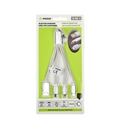 3-in-1 USB-Kabel-Schlüsselanhänger, 13 cm, Typ-C/Micro-USB/Lightning