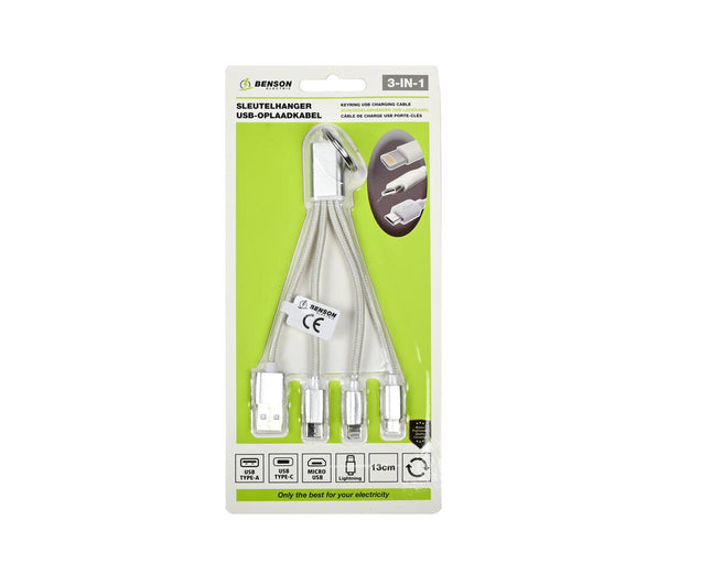 3-in-1 USB-Kabel-Schlüsselanhänger, 13 cm, Typ-C/Micro-USB/Lightning
