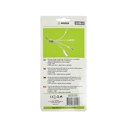 3-in-1 USB-Kabel-Schlüsselanhänger, 13 cm, Typ-C/Micro-USB/Lightning