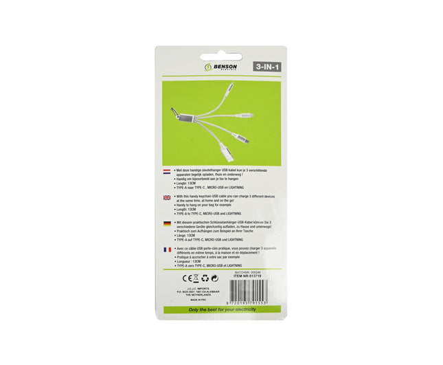 3-in-1 USB-Kabel-Schlüsselanhänger, 13 cm, Typ-C/Micro-USB/Lightning