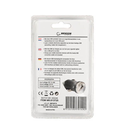 Autolader USB 1A 12-24V, Laad Apparaten Tijdens Rijden