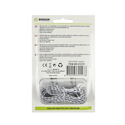 USB Lightning Kabel 2m Nylon, 2.1A Snel Opladen voor Apple Devices