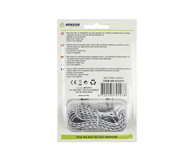 USB Lightning Kabel 2m Nylon, 2.1A Snel Opladen voor Apple Devices