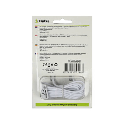 USB Type-C Kabel 2m, 5V/2.1A, Voor Snel Opladen en Gegevensoverdracht