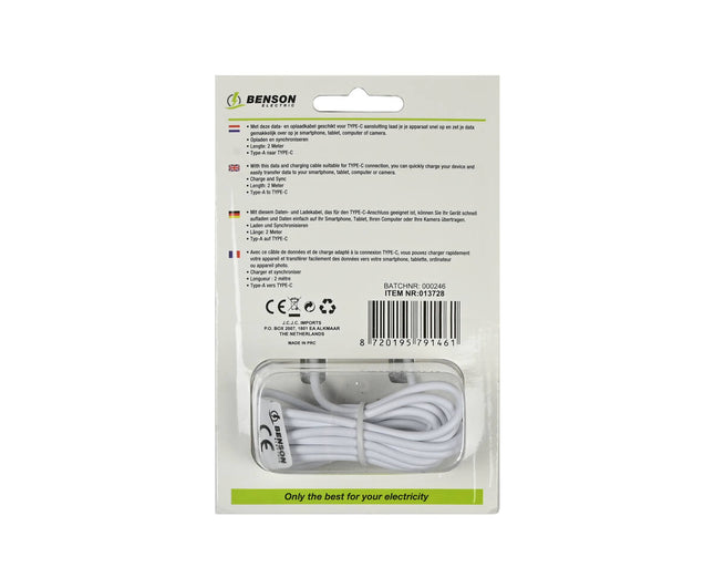 USB Type-C Kabel 2m, 5V/2.1A, Voor Snel Opladen en Gegevensoverdracht