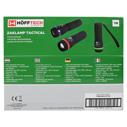 Zaklamp 1W LED, 5 Zoomstanden, 50 Lumen, 35x105x28mm, AAA-Batterijen