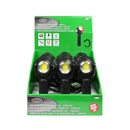 LED Zaklamp 3W COB, Draaikop, 200 Lumen, 170x60x40mm, AAA Batterijen