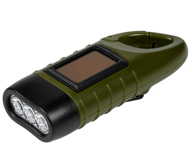 Solar Zaklamp 1W met Karabijnhaak, Dynamo, LED 12 Lumen, 124mm