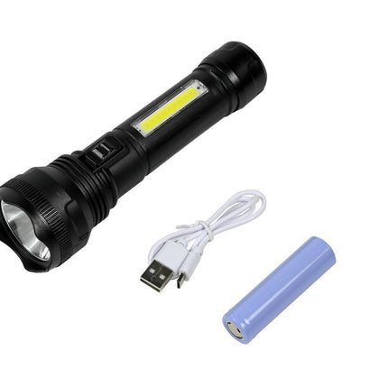 Oplaadbare 1W LED & 3W COB Zaklamp, 162x49mm, USB, Zwart