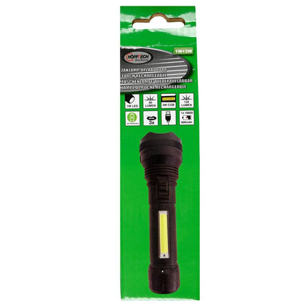 Oplaadbare 1W LED & 3W COB Zaklamp, 162x49mm, USB, Zwart