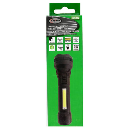 Oplaadbare 1W LED & 3W COB Zaklamp, 162x49mm, USB, Zwart