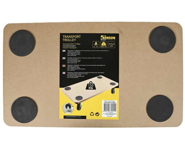 Transport Trolley 45x26 cm, 150 kg, MDF, Ø 60 mm wielen, anti-slip.