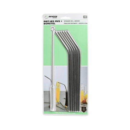 Set van 6 RVS Gebogen Rietjes 22,5 cm + Reinigingsborstel, FDA Goedgekeurd