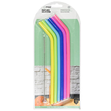 Set van 6 Gebogen Siliconen Rietjes (21cm) + Reinigingsborstel