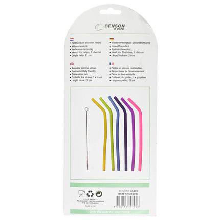 Set van 6 Gebogen Siliconen Rietjes (21cm) + Reinigingsborstel
