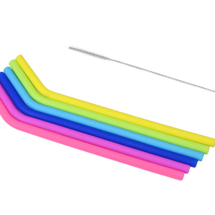 Set van 6 Gebogen Siliconen Rietjes (21cm) + Reinigingsborstel