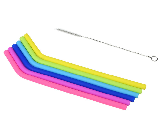 Set van 6 Gebogen Siliconen Rietjes (21cm) + Reinigingsborstel