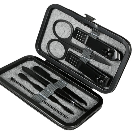 Manicure set 7 dlg zwart – Afmeting etui 10,8 x 6,4 x 1,3 cm, Materiaal RVS, 1,3 cm