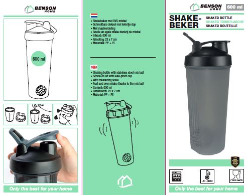 Shakebeker 600 ml – Inhoud 600 ml, Afmeting 23 x 7 cm, Materiaal PP + PE, 7 cm