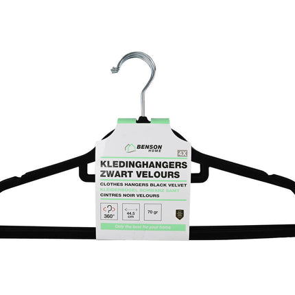 Zwarte Velours Kledinghangers 4 stuks met Anti-slip en 360° Haak