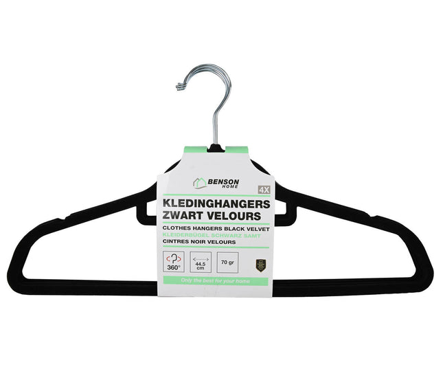 Zwarte Velours Kledinghangers 4 stuks met Anti-slip en 360° Haak