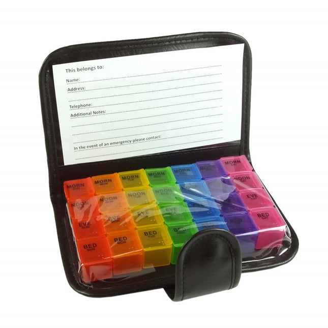 Pillendoos in etui 7 dagen 4 vakken – Afmetingen 19 x 14 x 3,5 cm, Materiaal kunststof