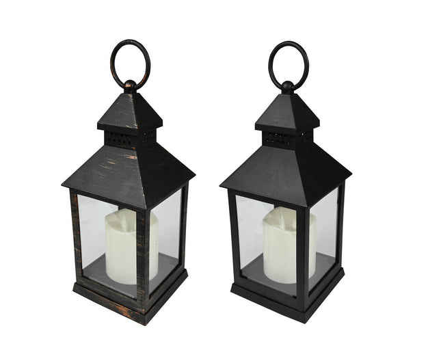 Lantaarn met LED Kaars, 10.5x10.5x24cm, Mix Zwart/Koper, Binnen/Buiten