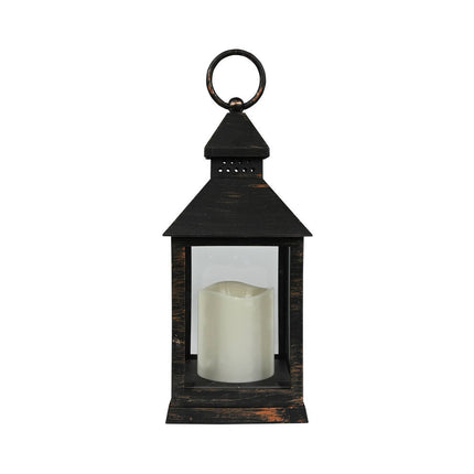 Lantaarn met LED Kaars, 10.5x10.5x24cm, Mix Zwart/Koper, Binnen/Buiten