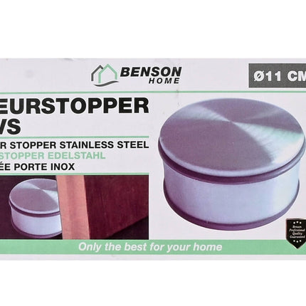 RVS Deurstopper ø11 cm: Beschermt muren, rubberen voet, 1,1 kg.