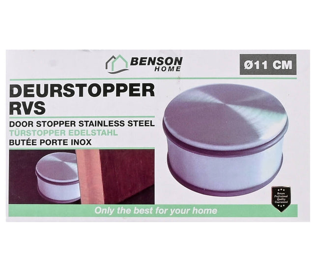 RVS Deurstopper ø11 cm: Beschermt muren, rubberen voet, 1,1 kg.