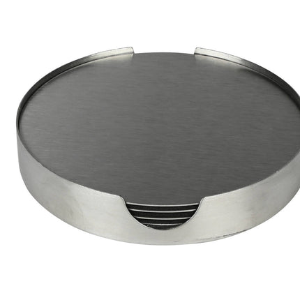 Zilveren RVS Onderzetters 10cm, Set van 6 met Houder, Beschermend
