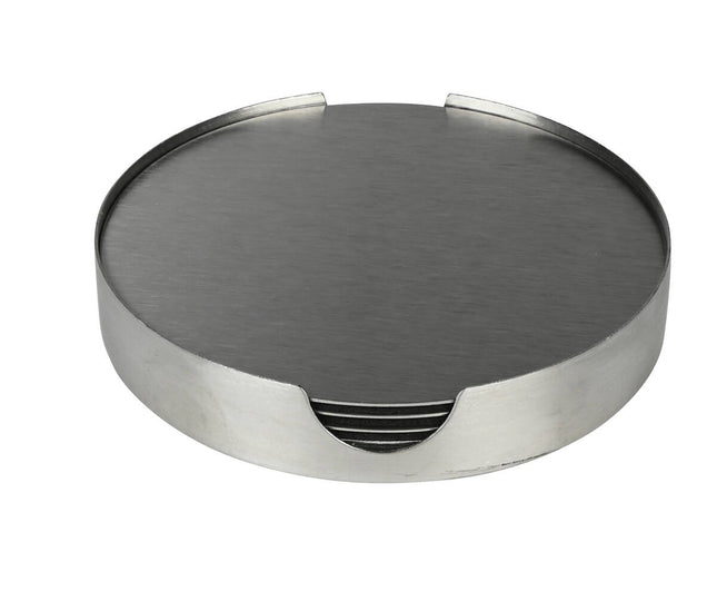 Zilveren RVS Onderzetters 10cm, Set van 6 met Houder, Beschermend