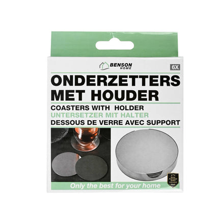 Zilveren RVS Onderzetters 10cm, Set van 6 met Houder, Beschermend