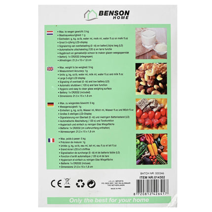 Digitale Keukenweegschaal 5kg, LCD Display, Tarfunctie, CR2032 Batterij