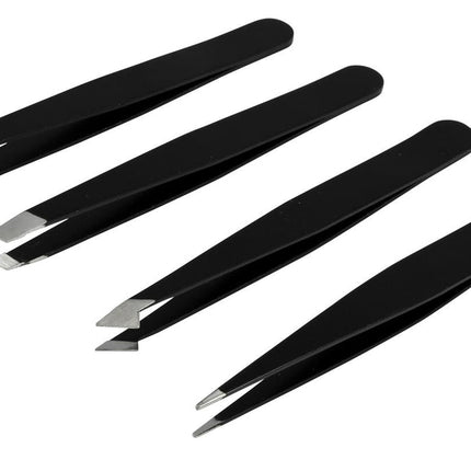 Pincet set 4 dlg – Modellen plat, puntig, schuin en schuin-puntig, Lengte 9 cm