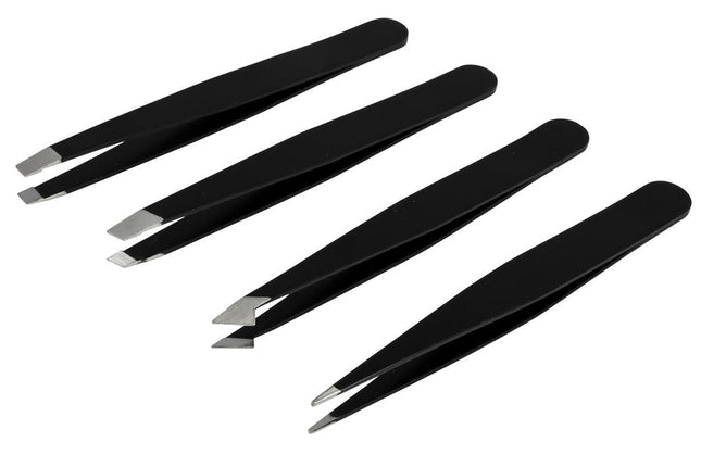 Pincet set 4 dlg – Modellen plat, puntig, schuin en schuin-puntig, Lengte 9 cm