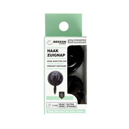 Zwarte Zuignap Haken 2x Ø35mm, 2kg, Ideaal voor Badkamer en Keuken