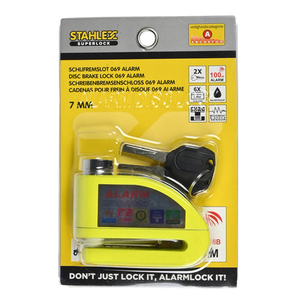 Schijfremslot Alarm 069 - Geel, 7.0 mm Pen, 110dB Alarm, Voor Motorfietsen