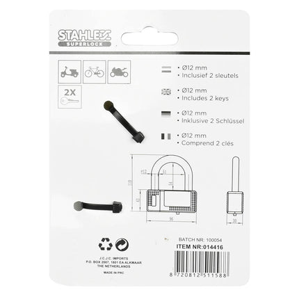 Beugelslot 588 Ø12mm, 96x110mm, 2 sleutels, fiets/scooter beveiliging