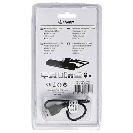 USB-hub 4 Poorten - Slank, 28cm kabel, voor muizen en toetsenborden