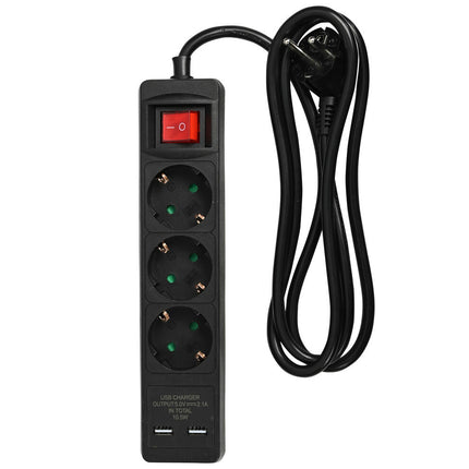 Stekkerdoos 3xRA met Schakelaar & 2 USB, 1.5m Kabel, Zwart - Opladen Thuis