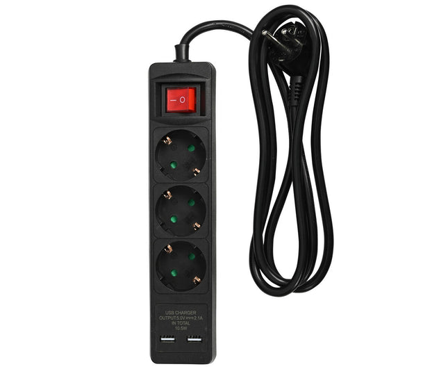 Stekkerdoos 3xRA met Schakelaar & 2 USB, 1.5m Kabel, Zwart - Opladen Thuis