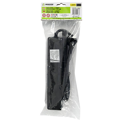Stekkerdoos 3xRA met Schakelaar & 2 USB, 1.5m Kabel, Zwart - Opladen Thuis