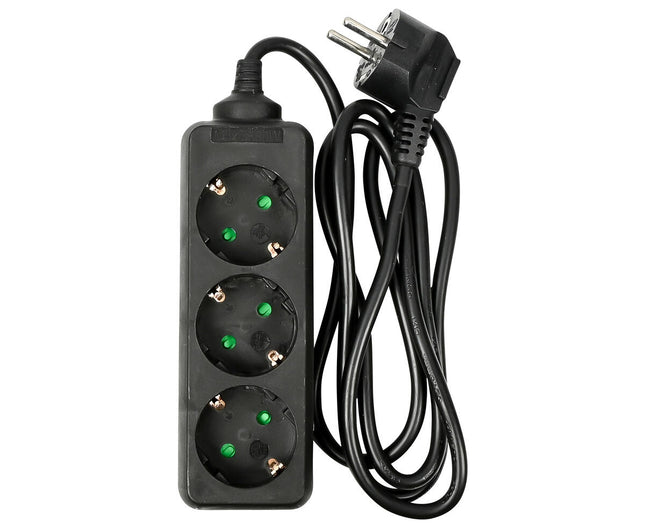 Stekkerdoos 3-voudig RA 1.5m Zwart - 16A/250V, max 3680W, thuis/kantoor.