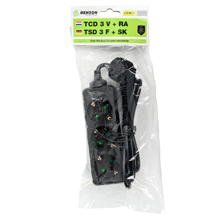 Stekkerdoos 3-voudig RA 1.5m Zwart - 16A/250V, max 3680W, thuis/kantoor.
