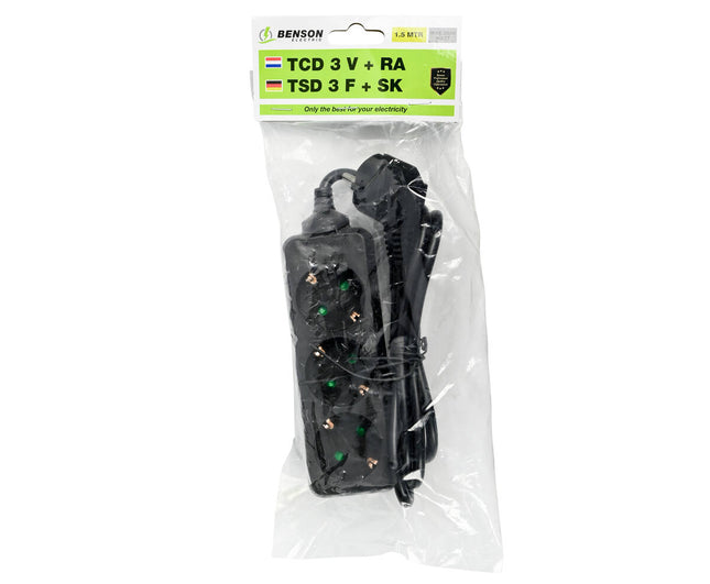 Stekkerdoos 3-voudig RA 1.5m Zwart - 16A/250V, max 3680W, thuis/kantoor.