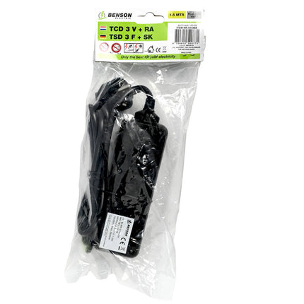 Stekkerdoos 3-voudig RA 1.5m Zwart - 16A/250V, max 3680W, thuis/kantoor.