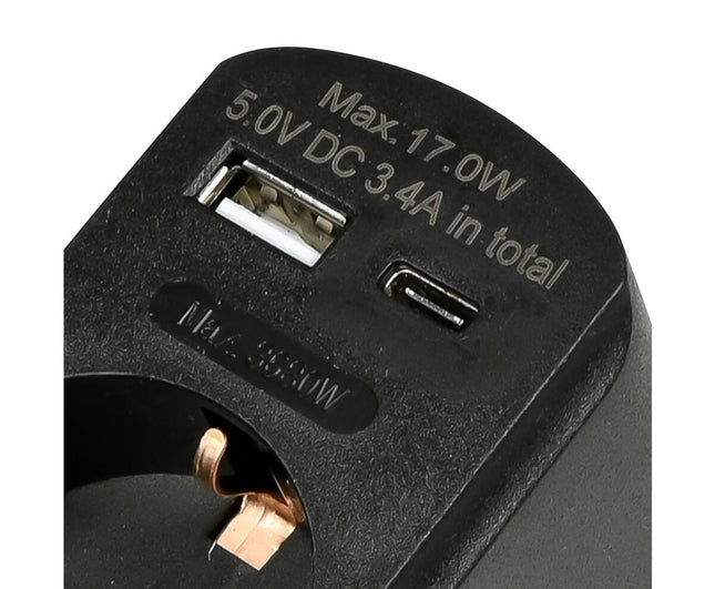 Zwart Stopcontact RA, 16A, USB-A/C, 5V 3.4A, voor Thuis & Kantoor