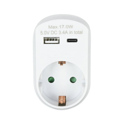 Stopcontact 16A met USB-A en USB-C, 3.4A Output, wit, voor thuisgebruik