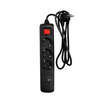 Stekkerdoos 3-voudig, Schakelaar, USB-A/C, 1.5m Kabel Zwart
